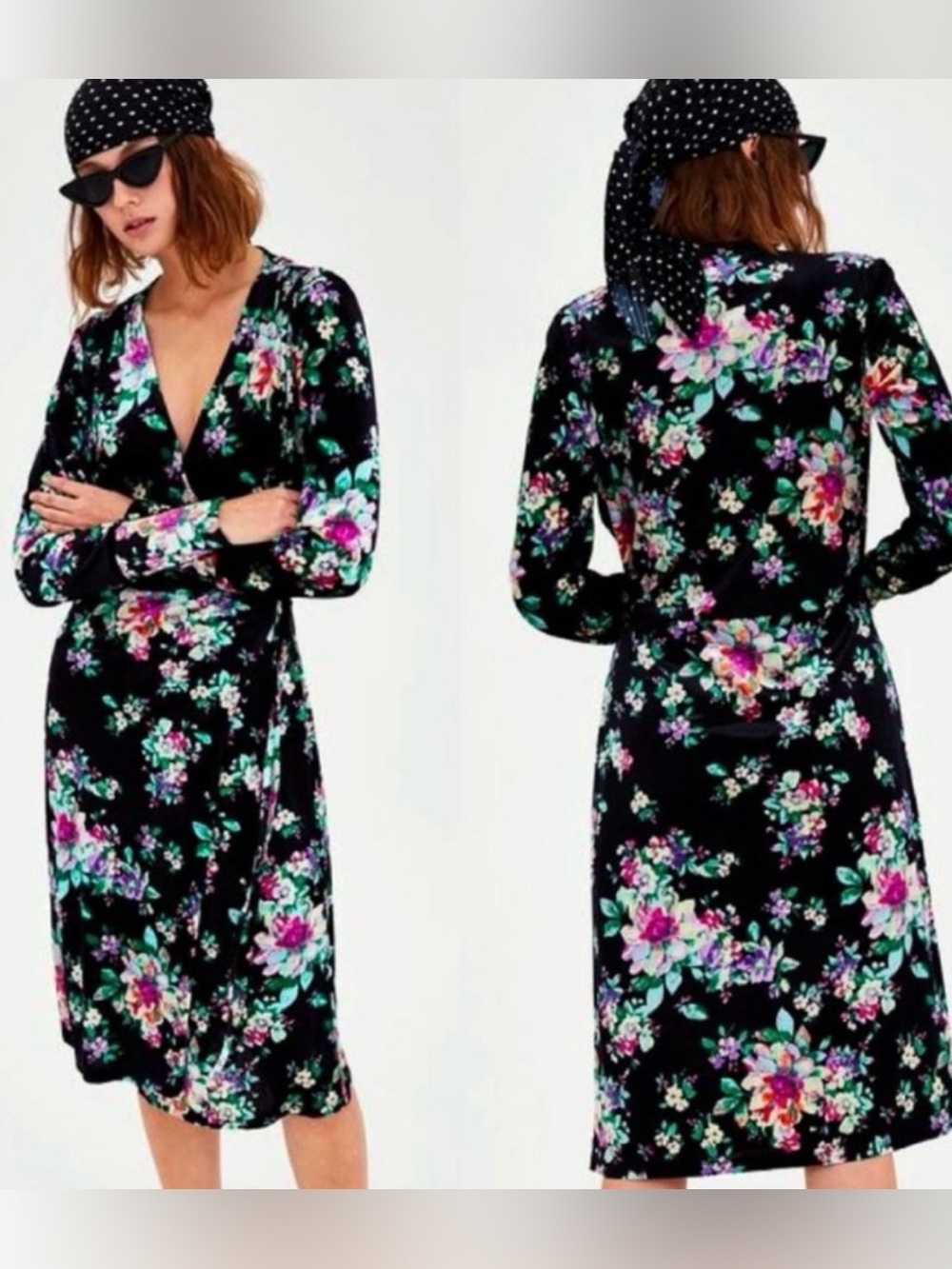 Zara Black Floral Wrap Dress with Pink and Green Accents